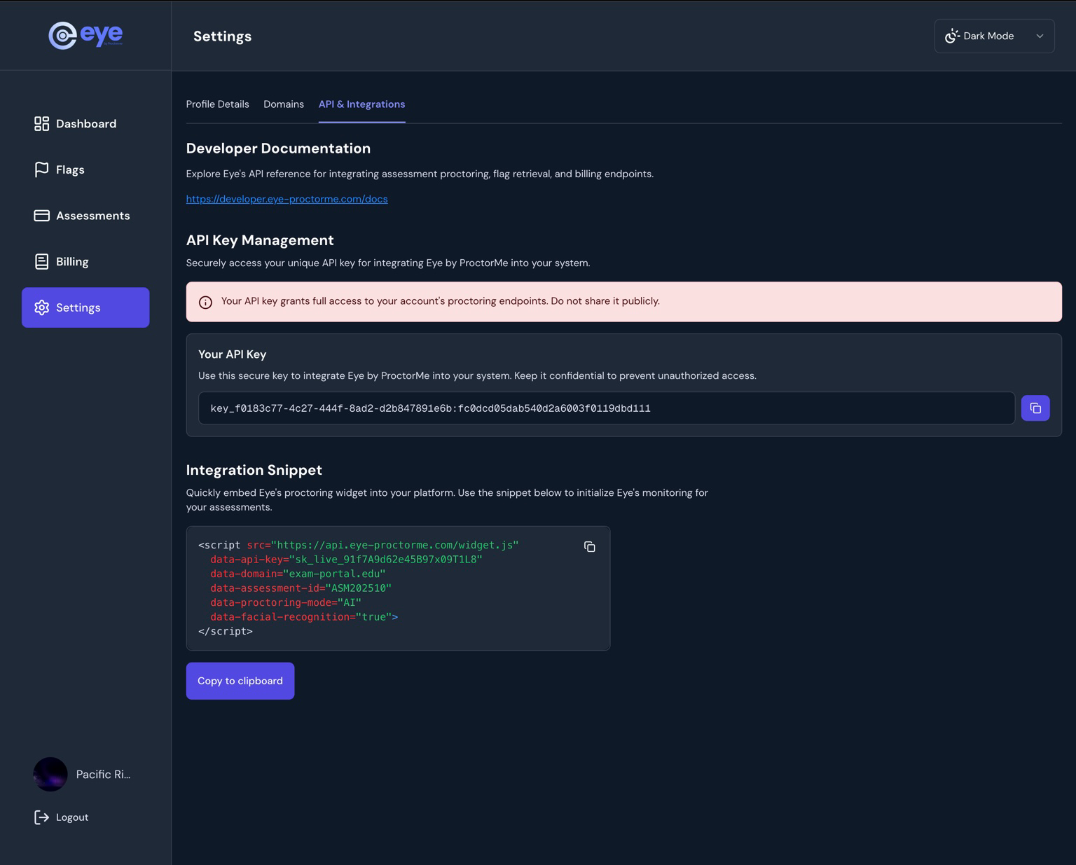 API Key Management Screen