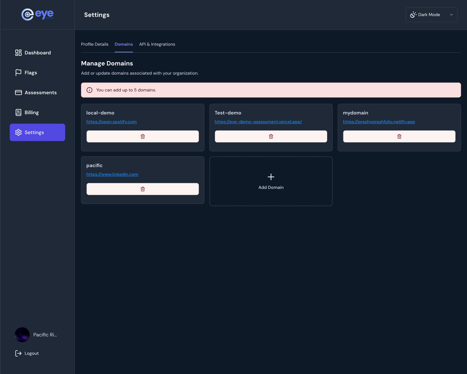 Domain Management Screen